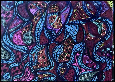 As time progressed Joan's work became more intricate and complex almost puzzle like. "Blue lines" marker on paper